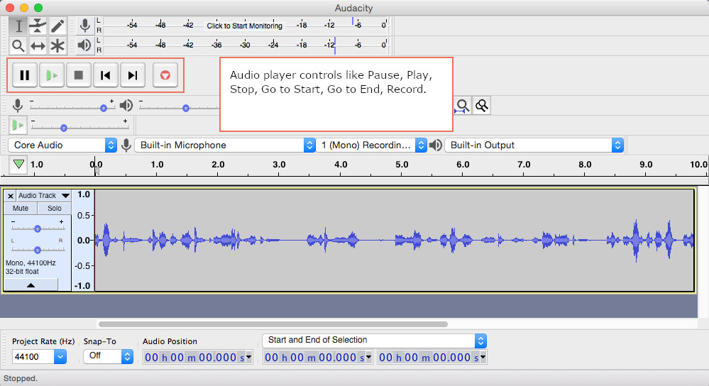 Audacity screenshot with player controls highlighted