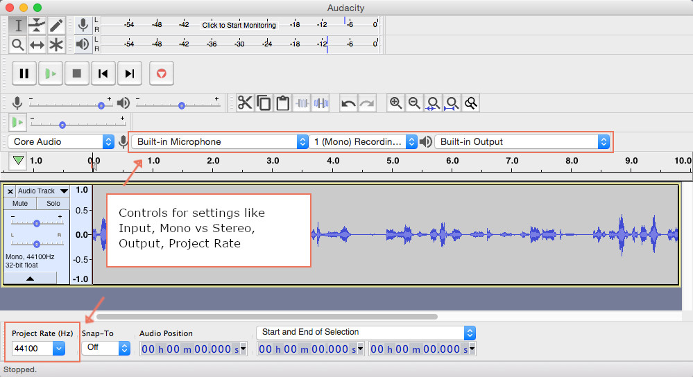 Audacity screenshot with setup fields highlighted